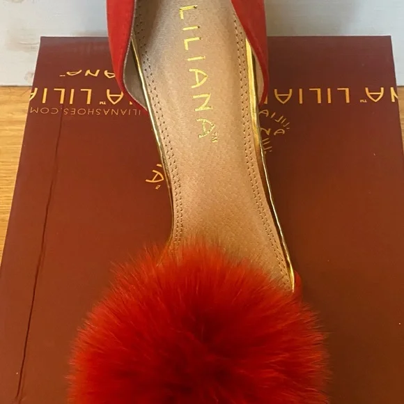Red Selina High Heel Stiletto with Rabbit Fur Pom Pom by Liliana Size 8 - Picture 5 of 5